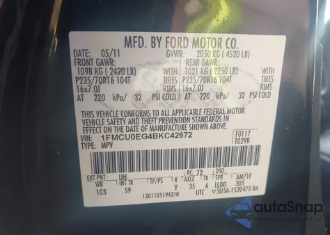 2011 Ford Escape Limited z USA, uszkodzony, nr VIN 1FMCU0EG4BKC42672